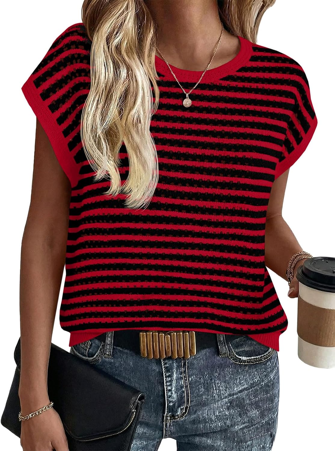 Saodimallsu Womens Short Sleeve Sweater Summer Striped Crochet Tops Casual Cap Sleeve Crewneck Knit Sweater Vest T-Shirts