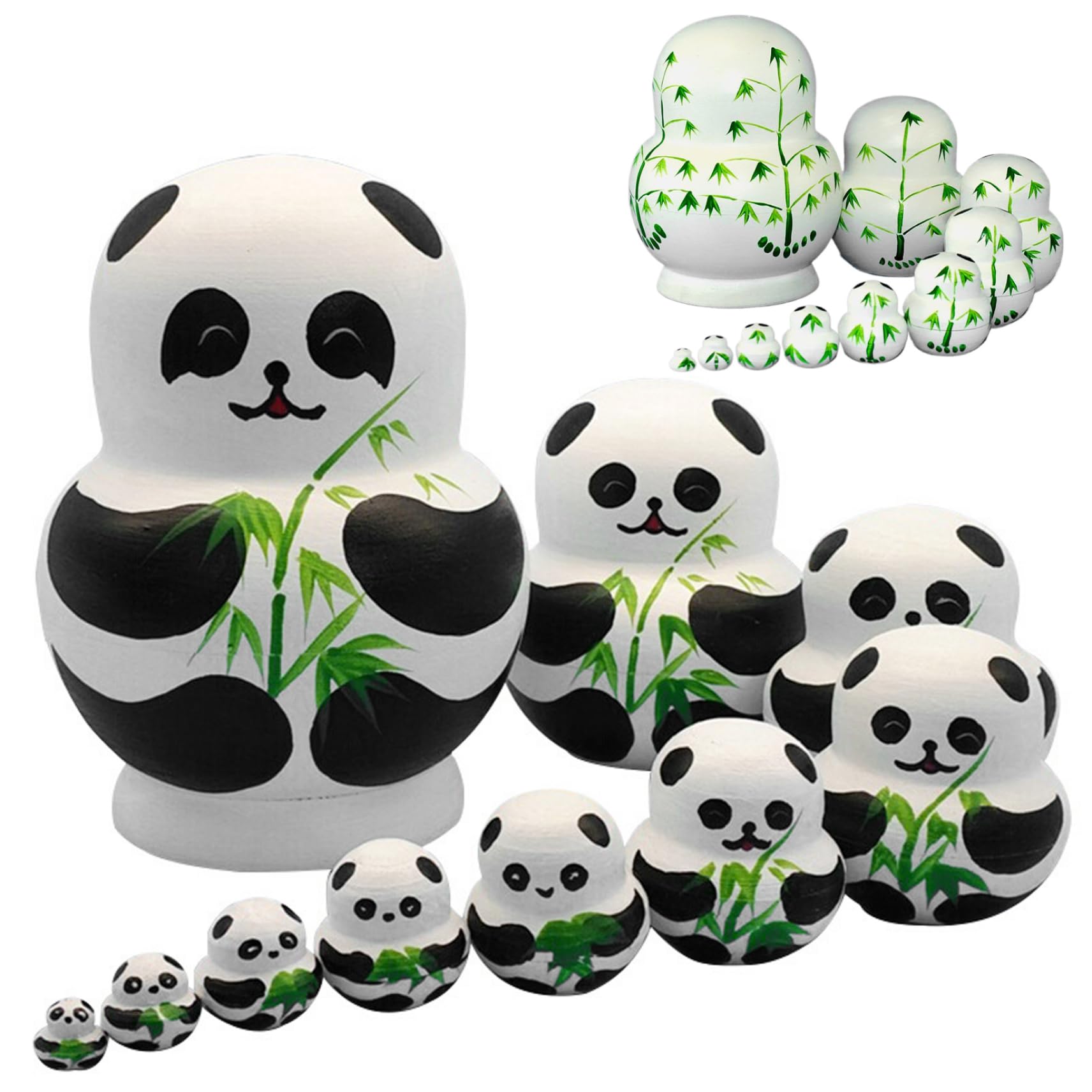 Matroschka-Puppen im Panda-Design, niedlicher Cartoon mit Bambusmuster, 1 Set (10 Stück), russische Matroschka-Puppen aus Holz für Kinder