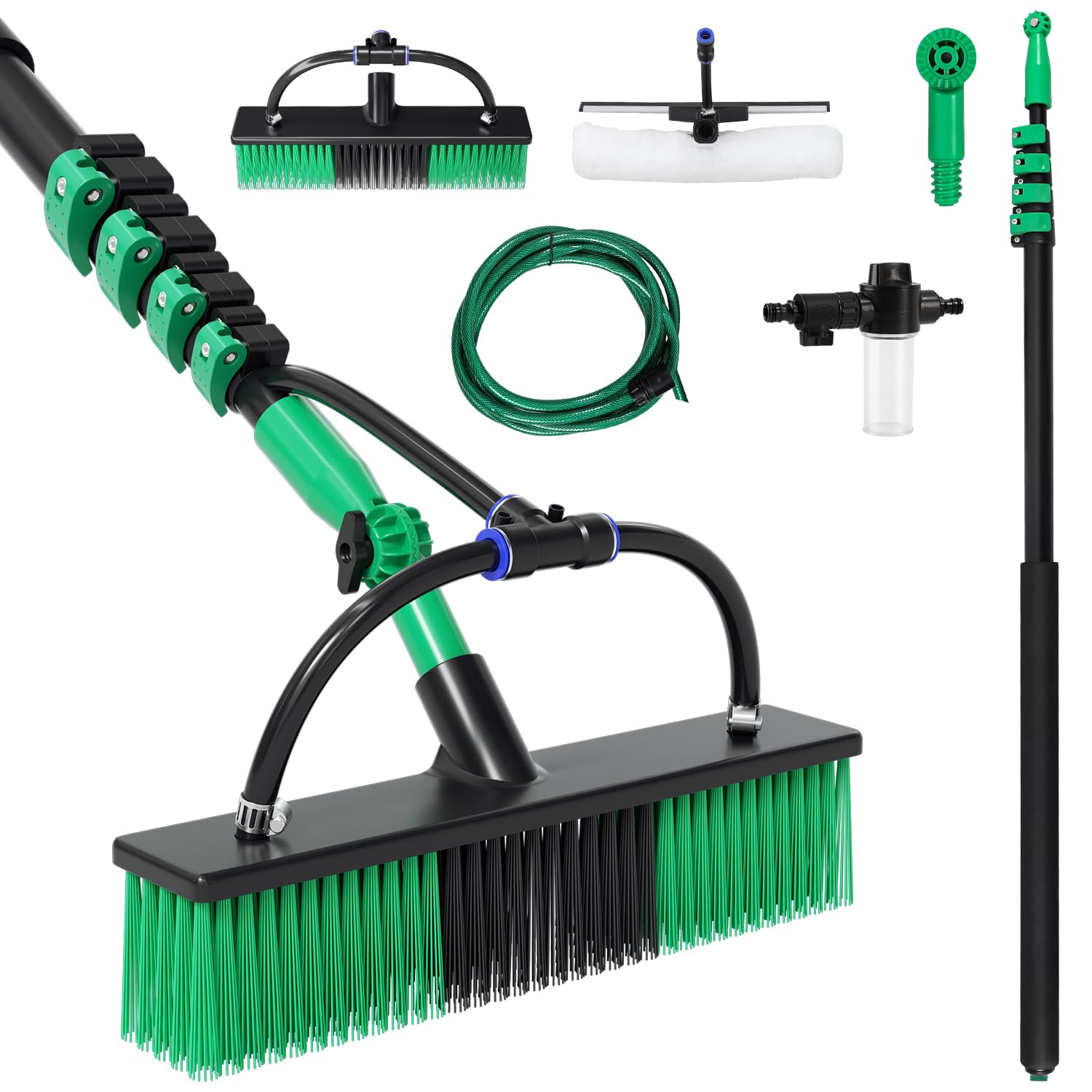 Brosse télescopique avec raccord d'eau 3,6 m, brosse de lavage télescopique, 2 en 1, avec manche télescopique en aluminium, nettoyeur de toit de terrasse, barre télescopique, nettoyage des