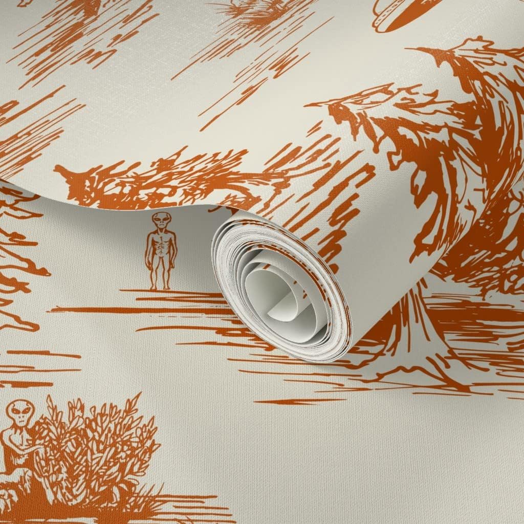 Spoonflower Peel & Stick Wallpaper 3ft x 2ft - UFO Alien Abduction Orange Novelty Funny Toile Large Scale Custom Removable Wallpaper