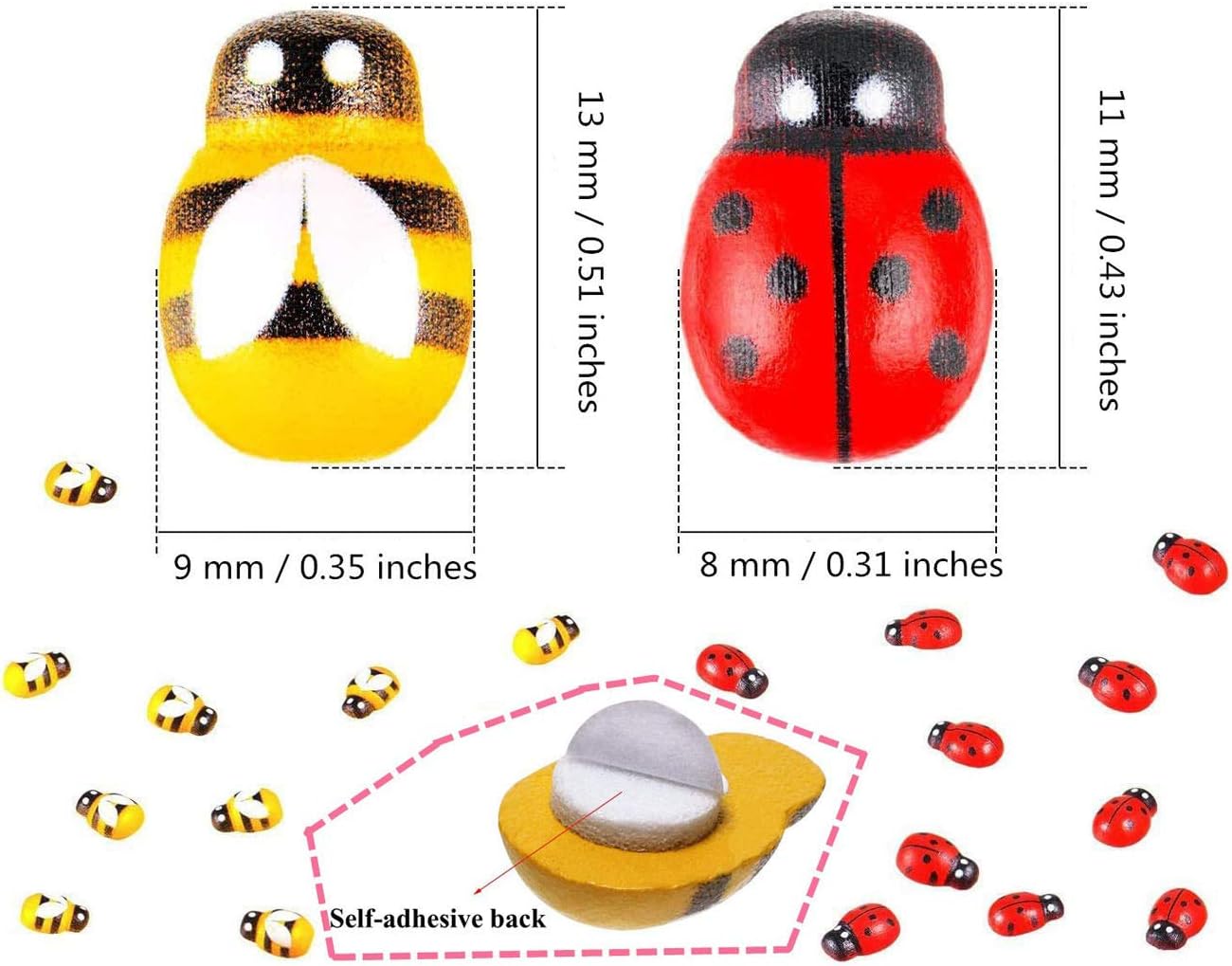 Wooden Bees Ladybugs Set, 200 Pack Mini Flatback Self-Adhesive Wooden Bees & Ladybugs Embellishments Kit for Crafts Scrapbooking Cardmaking DIY Ornaments Party Decoration by RuiChy