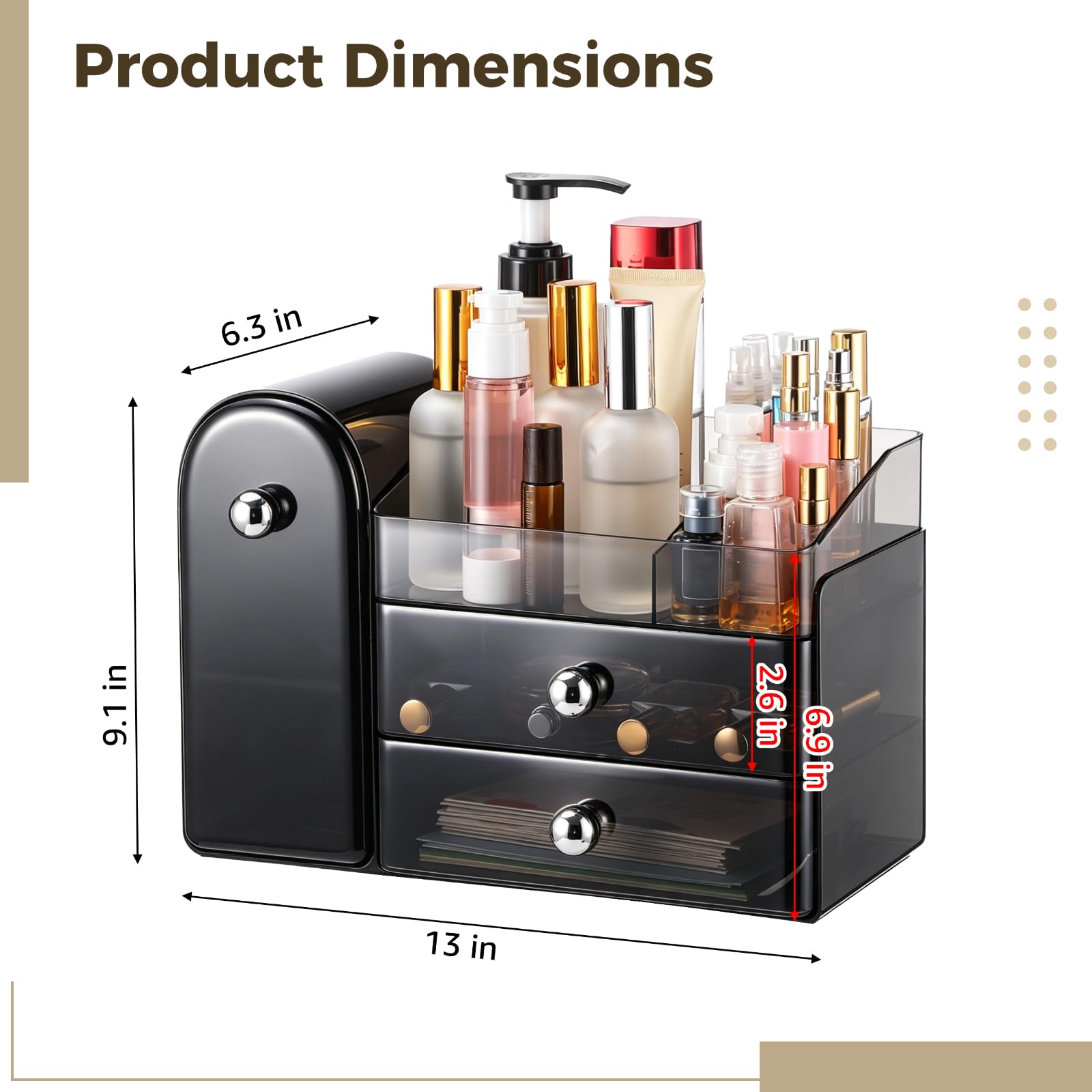 Organizador de maquillaje con soporte para brochas de 27 agujeros, 2 cajones y bandeja superior extraíble, organizador de tocador para lápiz labial, perfume, cuidado de la piel, estuche