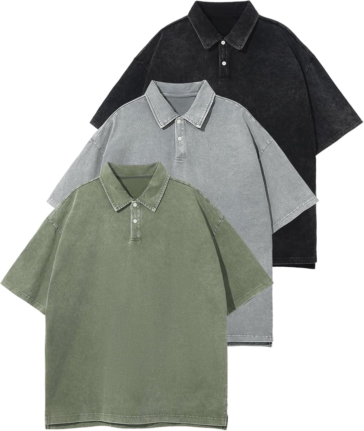 Gihuo Mens Polo Shirts Cotton Acid Wash Oversized Tshirts Vintage Short Sleeve Baggy Tees