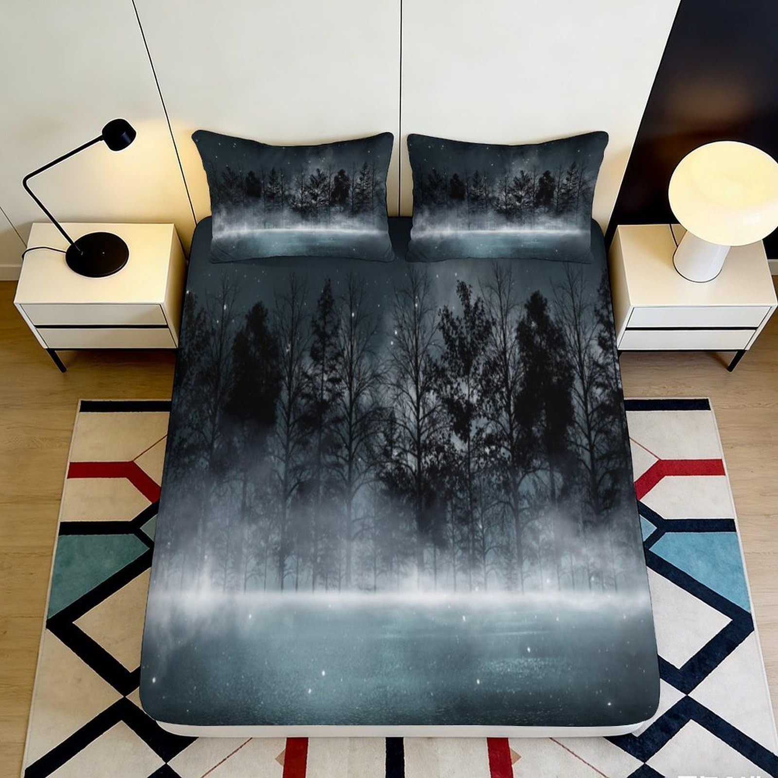 3D Printed Forest Landscape Microfiber Fitted Sheet Deep Pocket Non-Slip Bedroom Bedding Forest Scene Mattress Fitted Cover 140x200x25cm