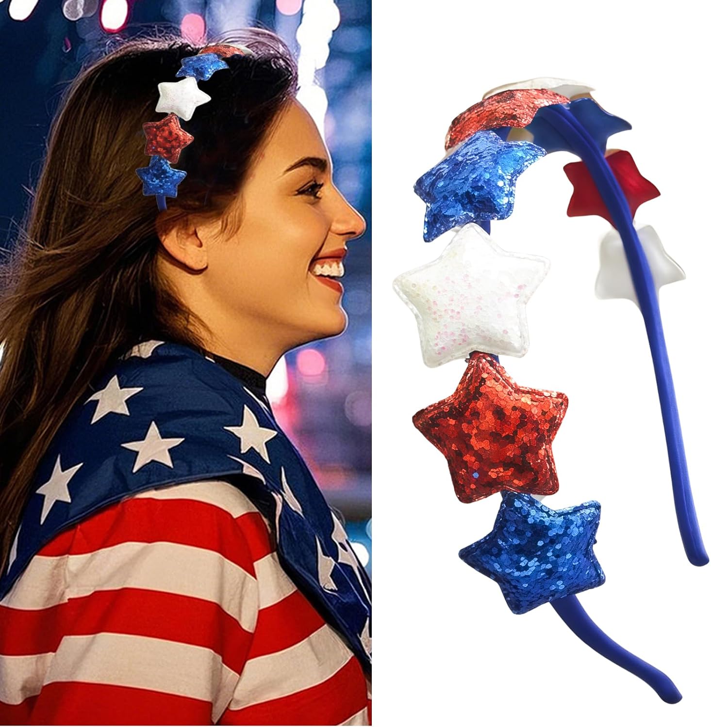4th of July Stars Headband Glitter Bling Patriotic Headwear Hair Accessories American Flag Headband for Independence Day Red White and Blue Hairband for Women Holiday Supplies