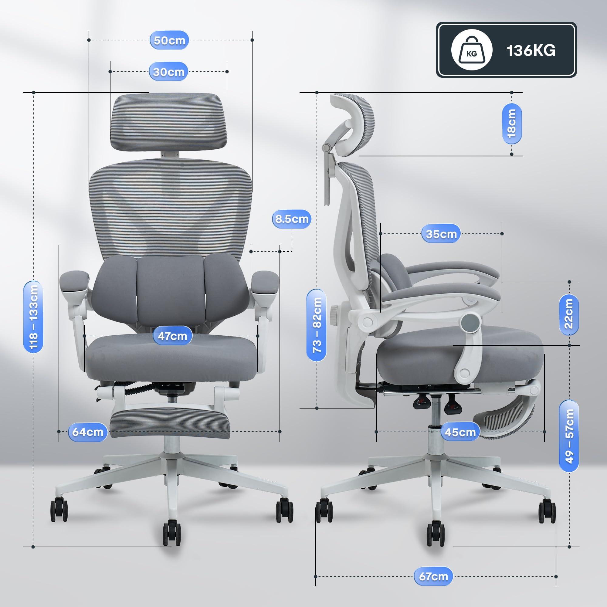 FLEXISPOT OC4 Silla Ergonomica Escritorio con Reposapiés, Silla Escritorio con Soporte Lumbar 3 Zonas, Reclinable 135°, Cojín Transpirable, Altura Ajustable, Ideal Oficina y Teletrabajo, Gris