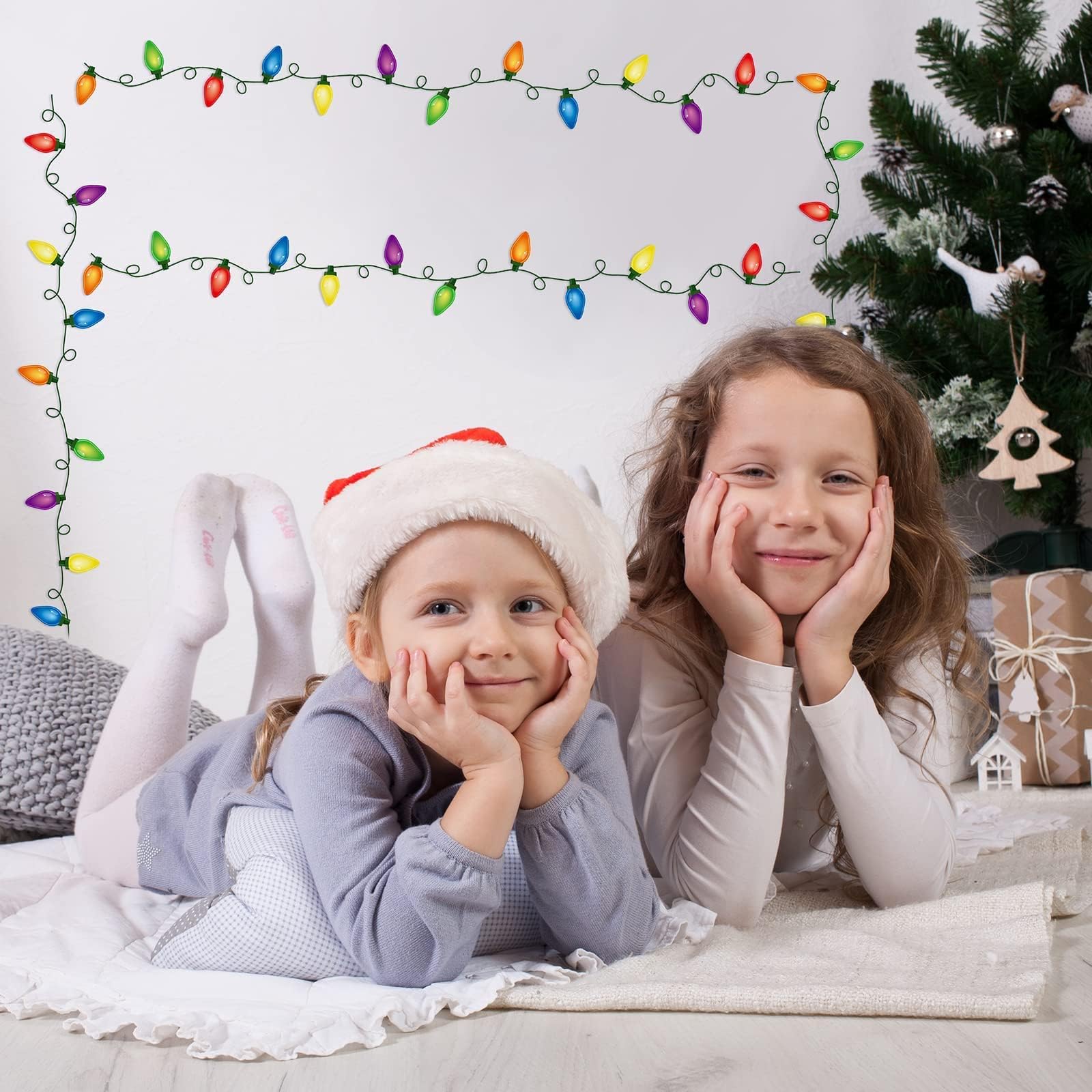 4 hojas de calcomanías de pared de Navidad de PVC, calcomanías de Navidad para ventana, luces de bombilla, calcomanías de pared, suministros de fiesta, ventana, puerta, nevera, vacaciones, decoración