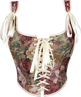 Renaissance Floral Corset Tops for Women Vintage Push-Up Overbust Bustier Going-Out Lace-Up Boned Bodyshaper
