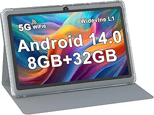 ZZB 7 inch Tablet Android 14, 8GB RAM (4GB Expandable) 32GB ROM Tablets Supports 1TB MicroSD, Widevine L1, Dual Camera Tableta 5G WiFi-6 Android Tablet with Case, 7