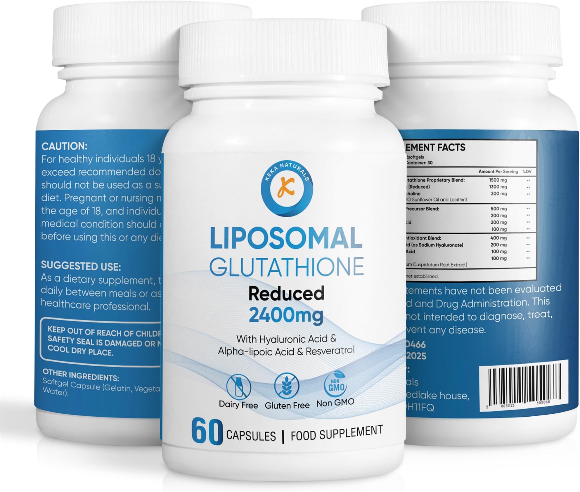 Liposomal Glutathione 2400mg, with Hyaluronic Acid, Resveratrol, Active Form L-Glutathione Reduced (GSH) Max Absorption, 60 Capsules