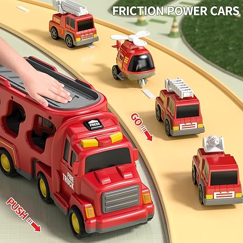 Miniatura 5 de TEMI Camiones de bomberos para niños pequeños de 3 a 5 años, juguetes para niños de 3, 4, 5, 6, 7 años, camiones de transporte, juegos de juguetes,