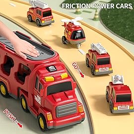 TEMI Fire Trucks Boy Toys for Toddlers 3-5 Year Old - Firetruck Toys for Kids 3 4 5 6 7, Transport Vehicle Carrier Set, Birthdays Gifts for Kids Girls Aged 4-6