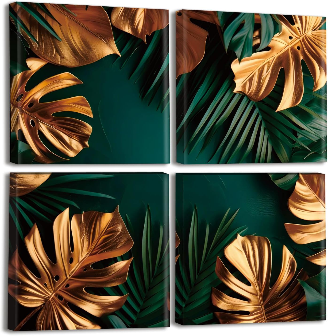 Emerald Green and Gold Wall Decor 4 Pcs Tropical Plant Leaf Pictures Canvas Prints Abstract Minimalist Modern Boho Botanical Aesthetic Artwork for Living Room Bedroom Bathroom Home Decorations 12"x12"
