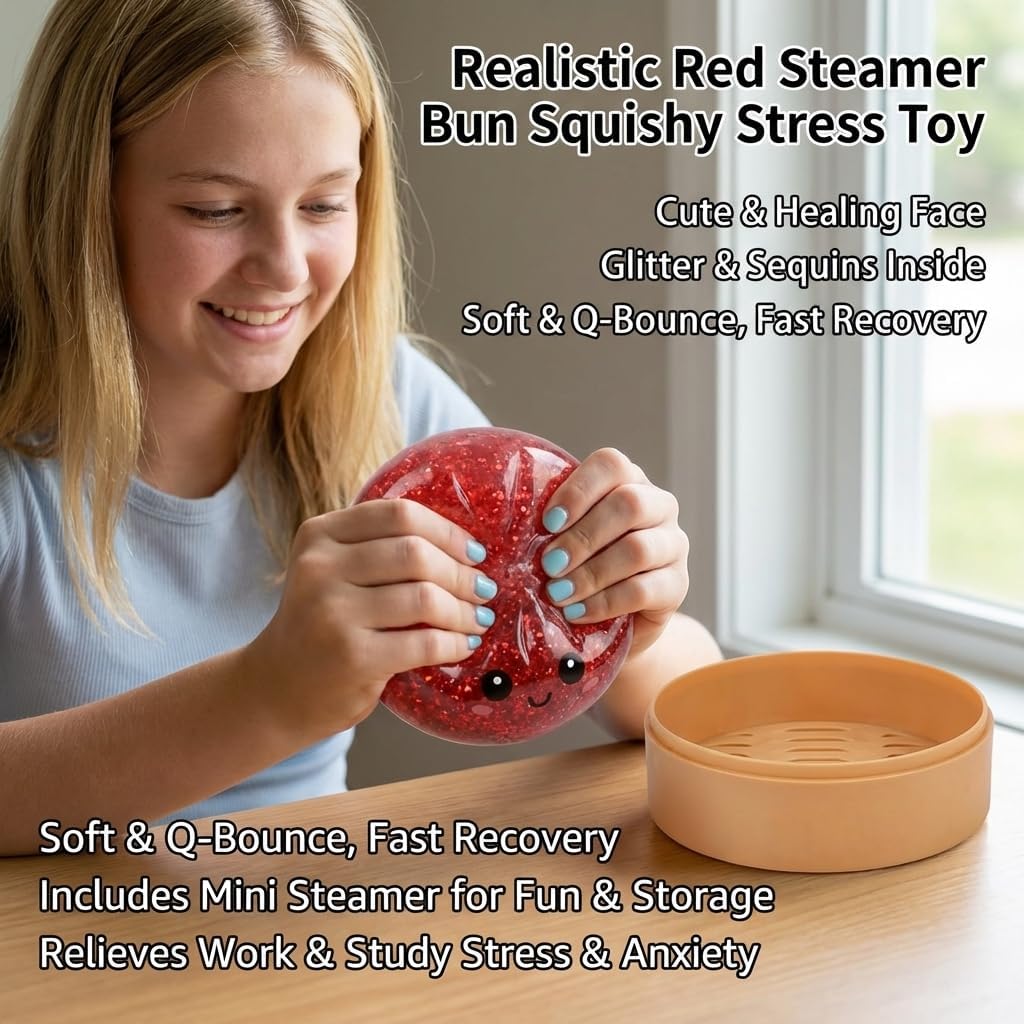 Squishy Dumpling Stress Relief Toy, Glitter Sensory Squeeze Toy, Soft Slow Rising Anxiety Relief Fidget Toy, Cute Stress Ball for Relaxation & Desk Fun