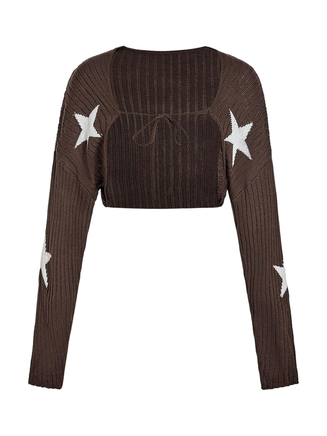 OYOANGLE Womens Star Graphic Ribbed Cropped Shrug Sweater Y2K Long Sleeve Tie Front Cardigans
