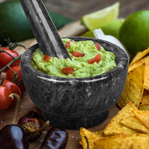 Miniatura 7 de HESHIBI Juego de mortero y mortero  6 pulgadas  Capacidad de 2.5 tazas  Cuencos de piedra pulida para molinillo de especias de guacamole, molcajete