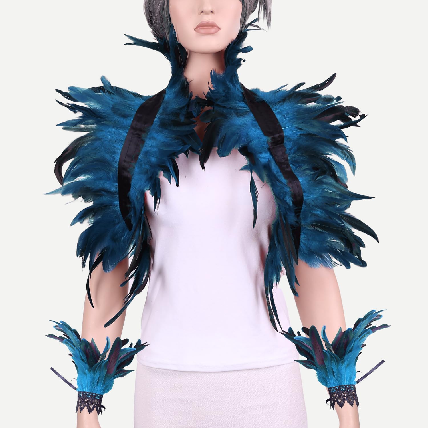 Gothic Owl Crow Mask with Feather Shawl Wrist Cuff Outfit,Halloween Raven Feathers Costume for Masquerad Party