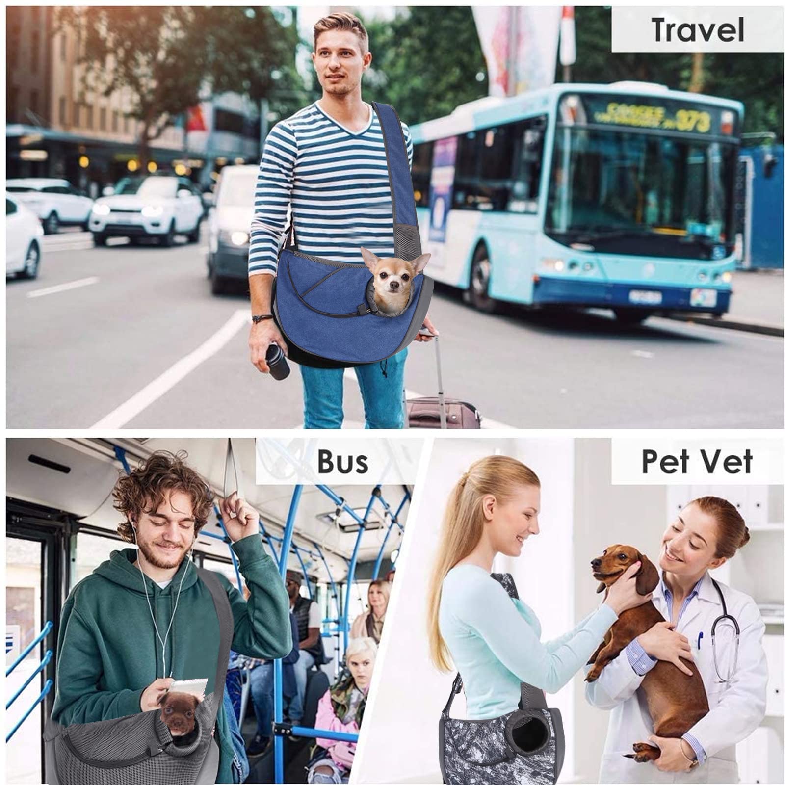 PETCUTE Sac de Transport Chien,Mains Libres,Portable Sac à Bandoulière Chien Chat,Réglable Sac de Voyage pour Petits Animaux avec Maille Respirant,Poche pour Extérieur Marche Métro,L
