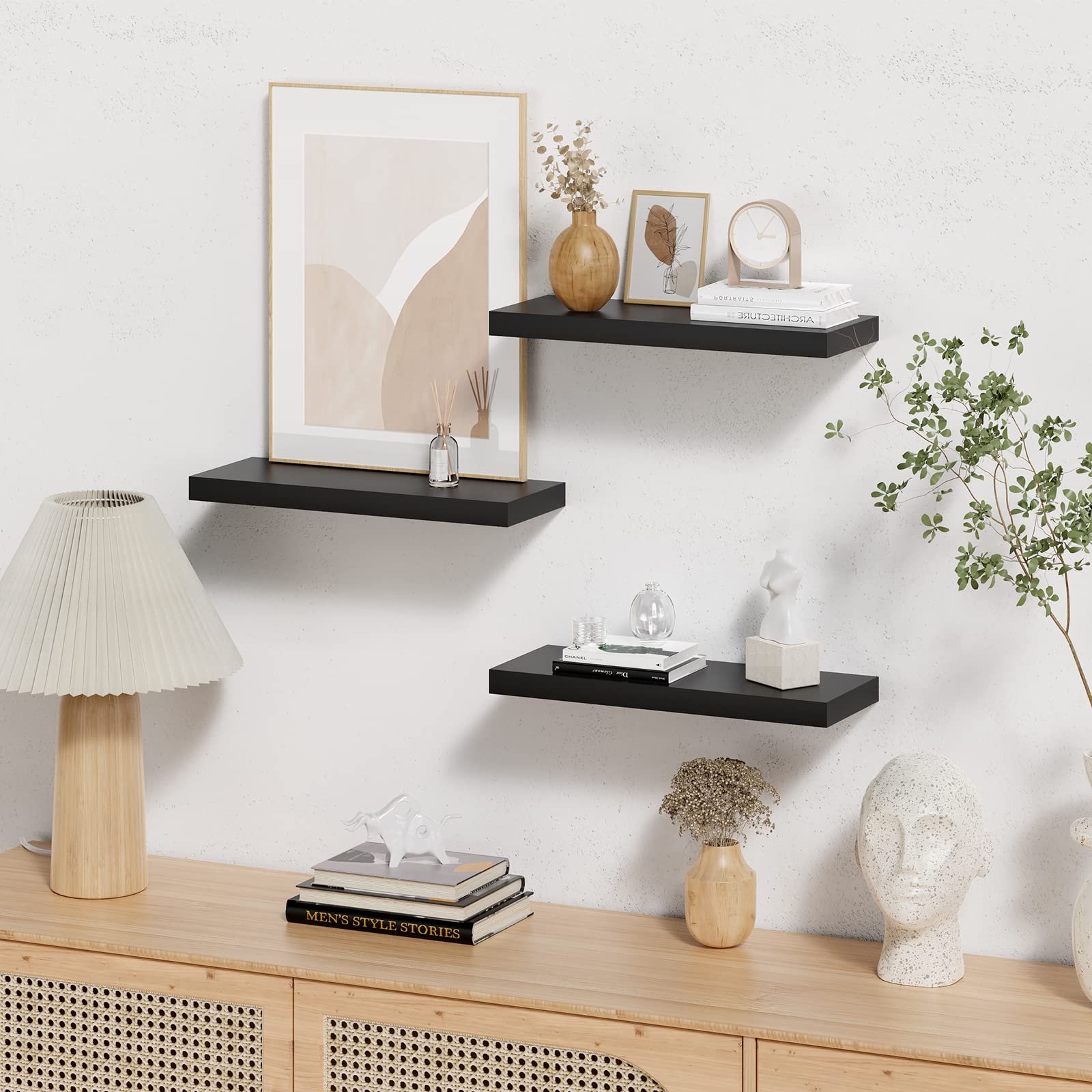 POTRAS Black Floating Shelves for Wall, 4 Sets Black Wall Shelves for