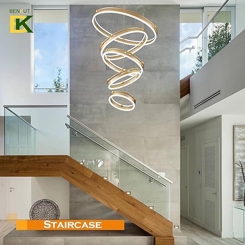 Miniatura 8 de Candelabro LED moderno de 10 anillos, dorado, D31.5, grande, regulable, iluminación colgante con control remoto, lámparas de techo alto para