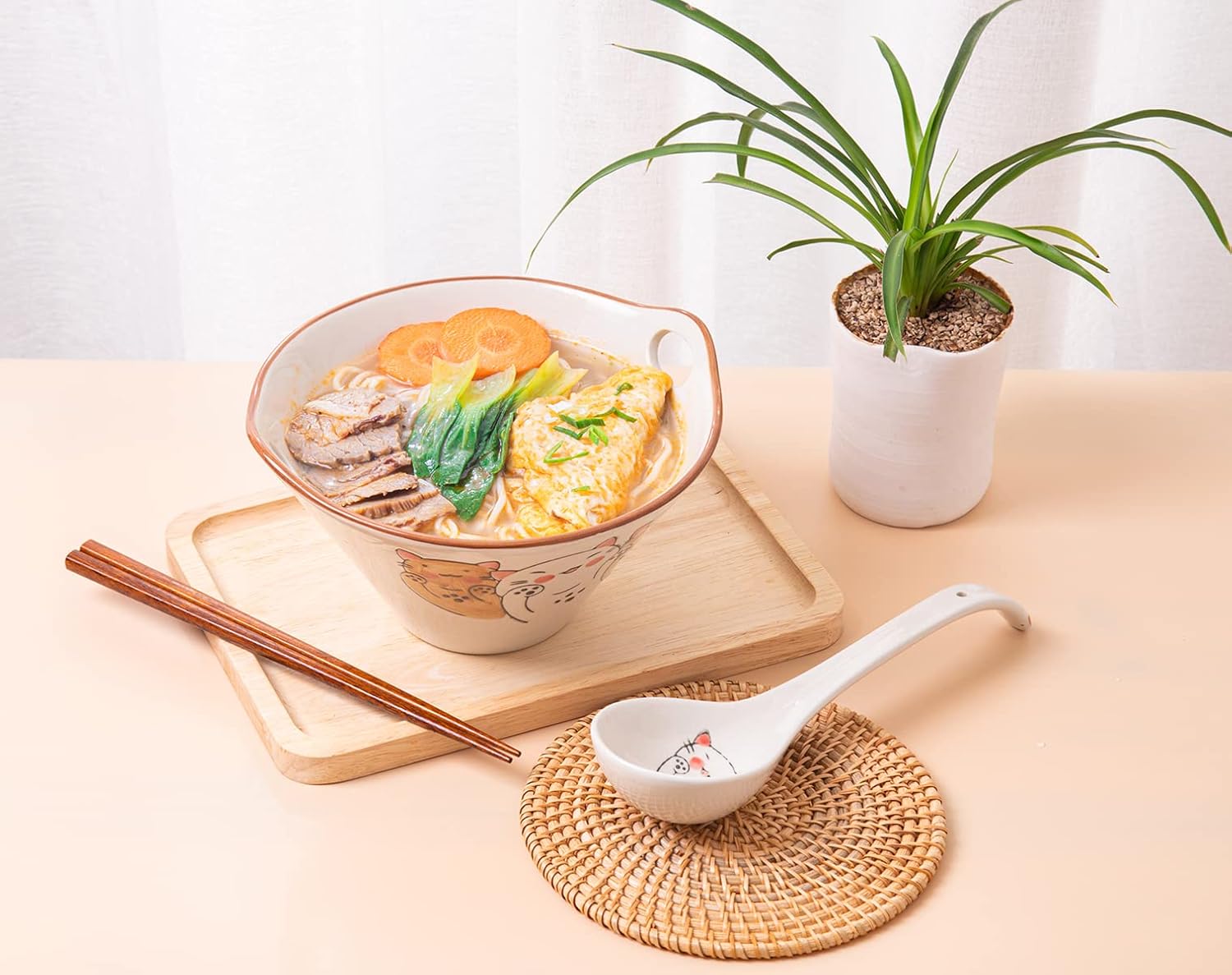 large Ceramic Japanese Ramen Noodle Soup Bowl, 27 Ounce Deep Bowl, with Matching Spoon and Chopsticks for Udon Soba Pho Asian Noodles.Dishwasher & Microwave Safe(Lucky Cat)