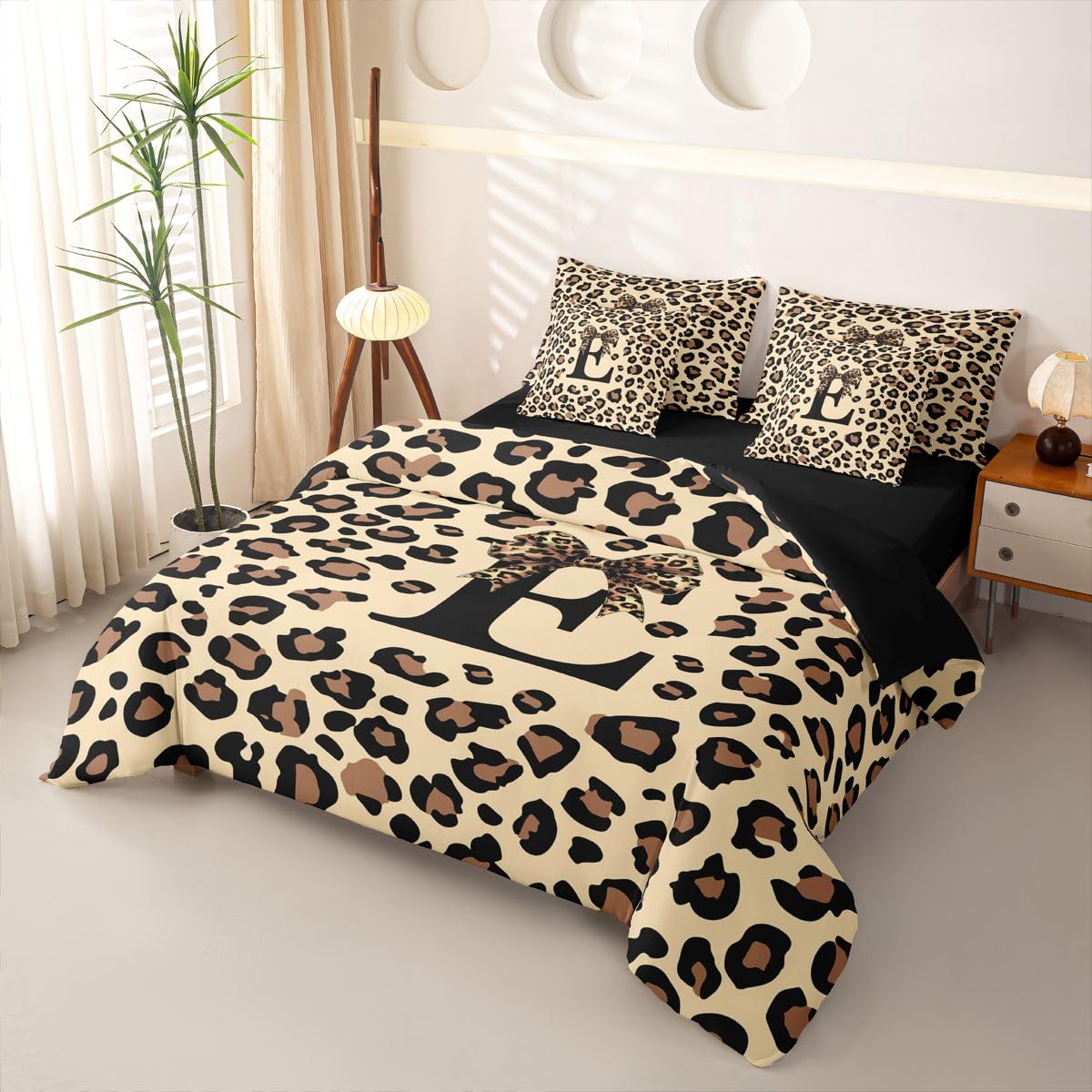 Loussiesd Set di biancheria da letto con copripiumino e lenzuola, 7 pezzi, per letto singolo, con stampa leopardata e fiocco