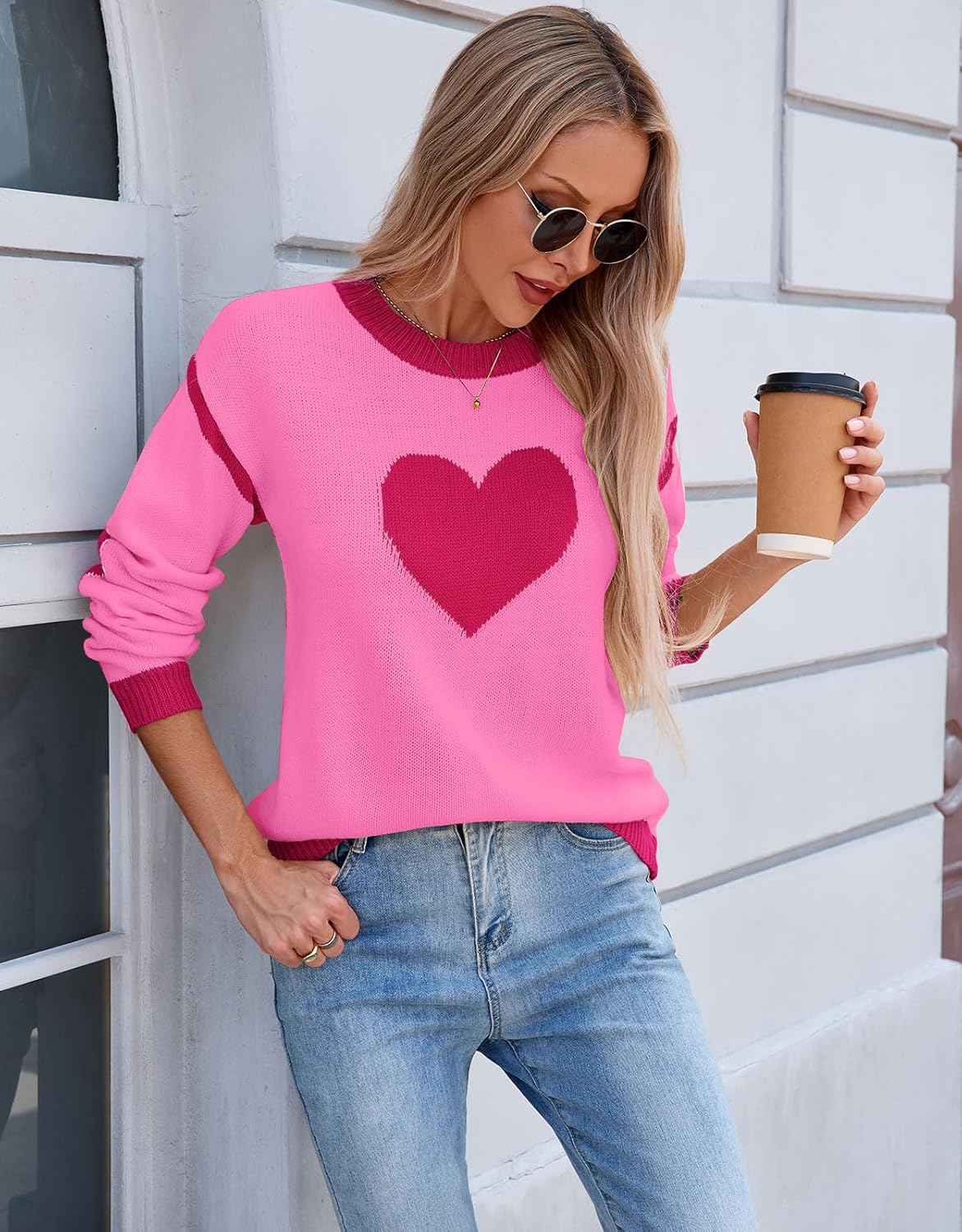 Women Big Cute Heart Sweater Long Sleeve Crew Neck Elbow Patchwork Knit Hearts Pullover - Image 3