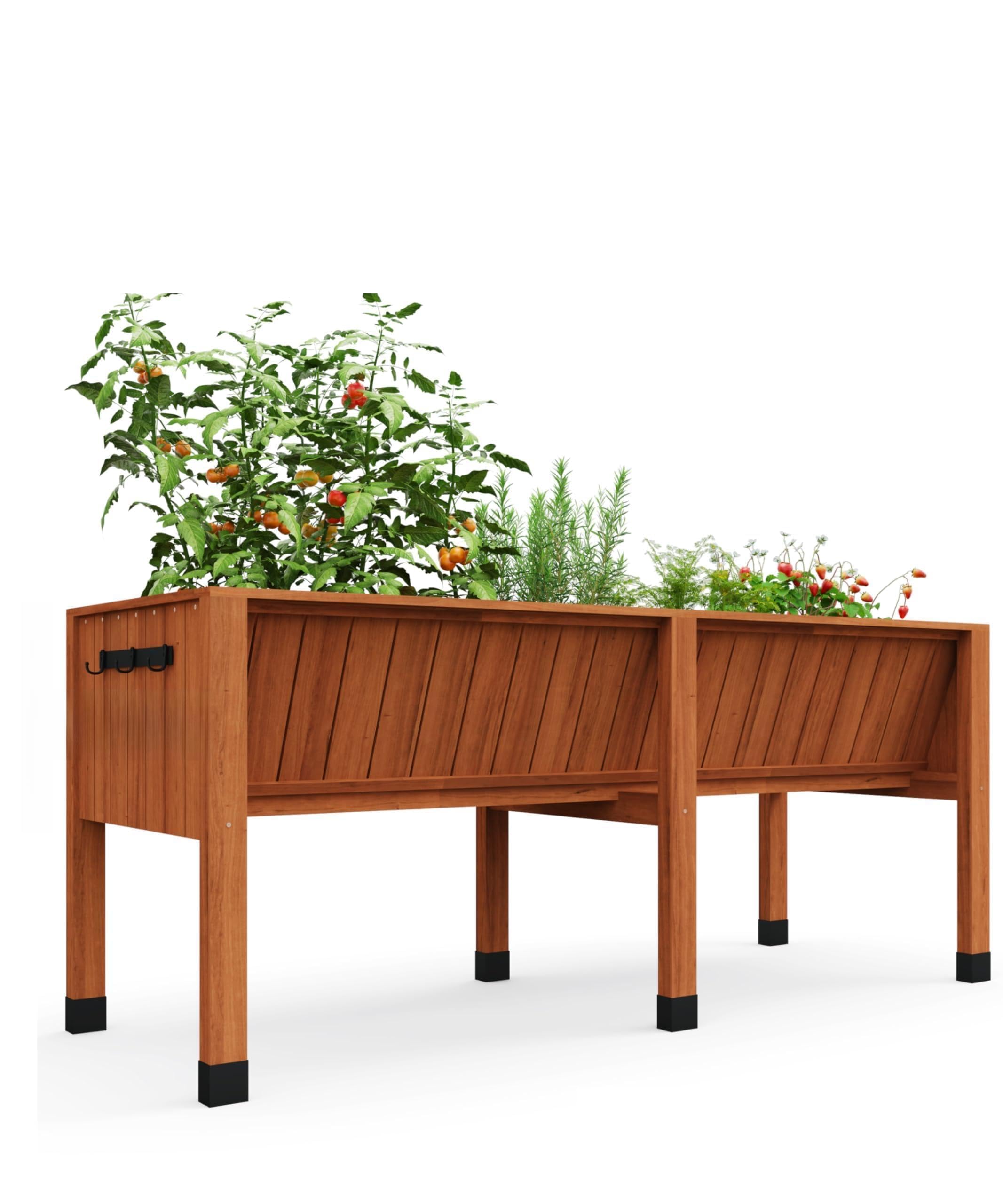 Sturdy Raised Wooden Garden Bed with Legs, Hooks & Detachable Liner, 72x26x31in, 13.7" Deep Elevated Planter Box for Vegetables, Herbs, Flowers, Outdoor Standing Planter for Patio, Balcony, Oak