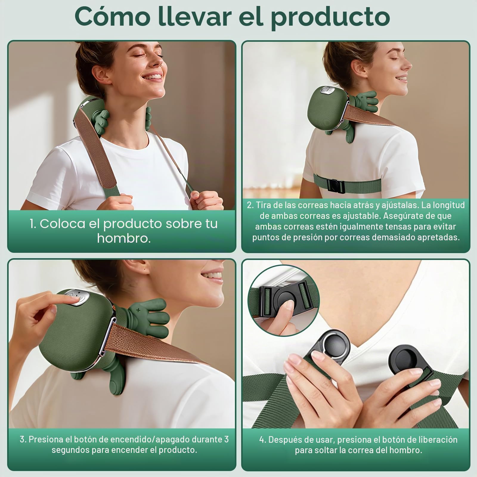 Masajeador Cervical 4D Sin Cables con Calor, Calentador de Cuello, 3 Niveles de Intensidad y 2 de Calor, Alivia Dolores de Cuello y Hombros, Recargable USB-C para Casa, Oficina y Viajes