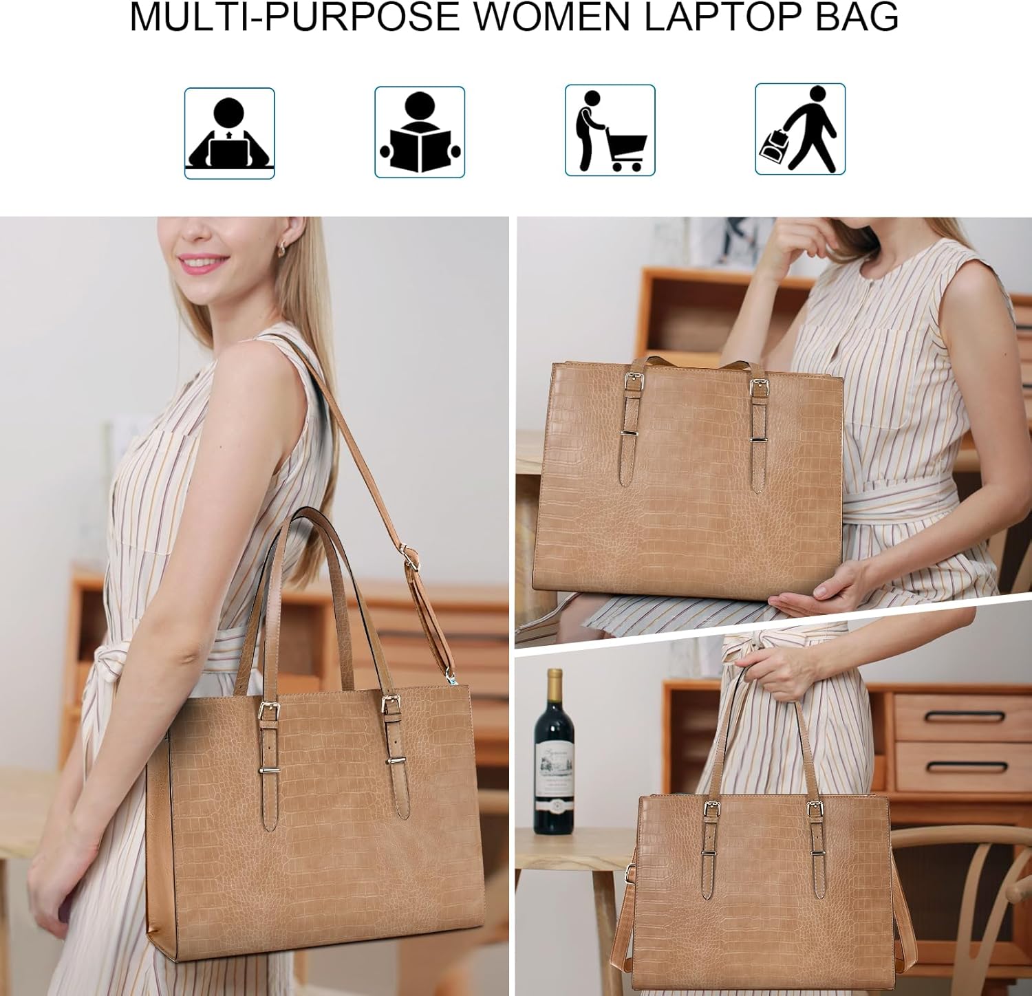 Laptop Bag for Women 15.6 Inch Laptop Tote Bag Leather Classy Computer Briefcase for Work Waterproof Handbag Professional Shoulder Bag Women Business Office Bag Large Capacity Grey - Image 6