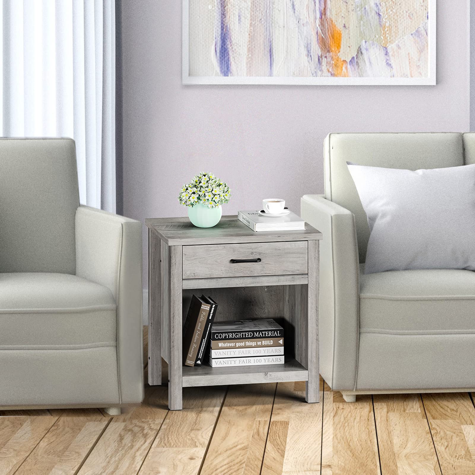 IDEALHOUSE Farmhouse Square Nightstand, Bedside Table End Table for Bedroom Nursery Living Room, End Table with Storage Drawer, Easy Assembly, Rustic Grey