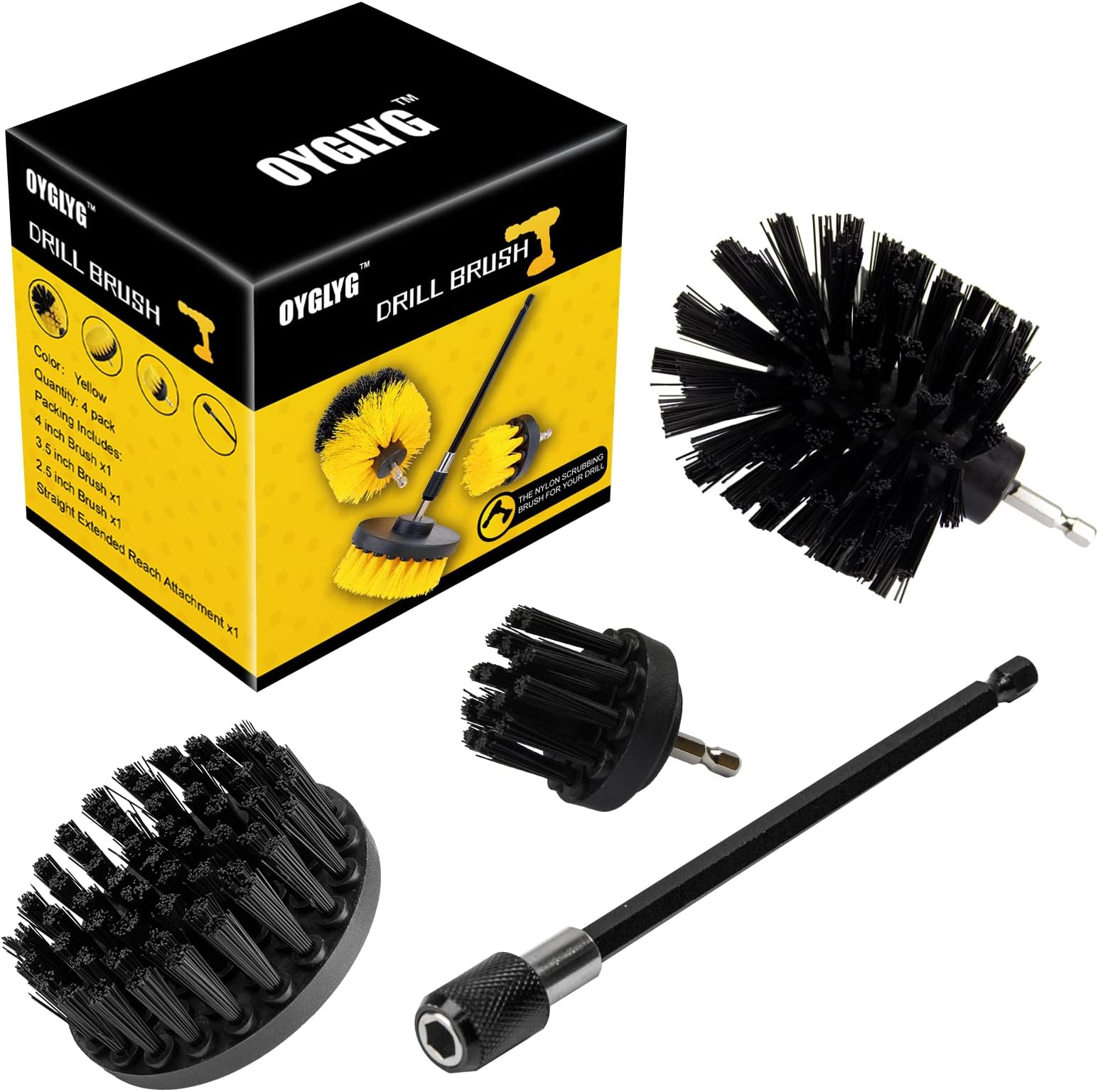 Drill Brush Attachment Kit, Multi-Purpose Scrubber, 4-Piece Cleaning Kit for Bathroom, Glass, Tile, Car Tires - Black