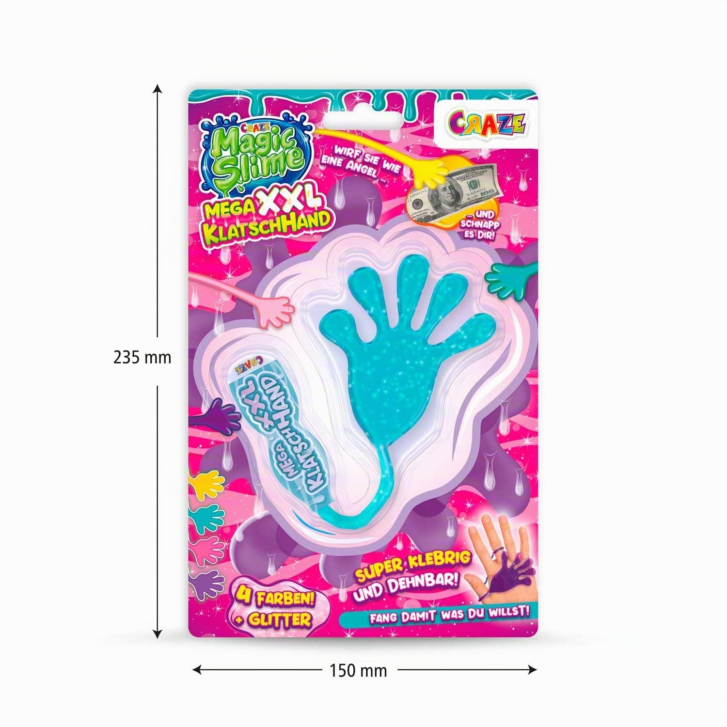 CRAZE MAGIC SLIME, Sticky Hand 12er Pack - Klatschhand für Kinder XXL, 12x Glibber Klebehände in Schleim Kinder mit Groff und Glitzer, Super klebrig und dehnbar