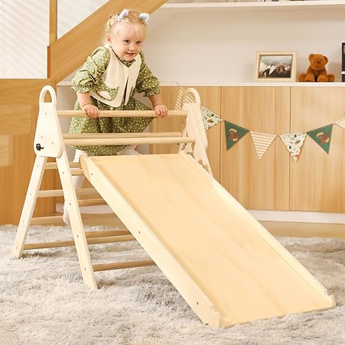 Juego de triángulos Pikler con mango 3 en 1 con tobogán ancho y rampa, juguetes de escalada Montessori plegables de madera, escaladores de interior
