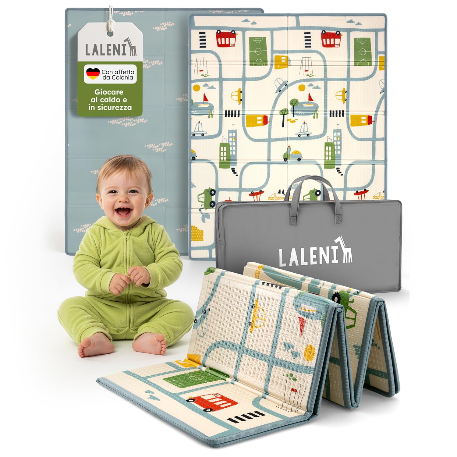 Laleni tappeto gioco bambini pieghevole 120x150x1cm - tappeto bambini impermeabile - tappeto gioco neonato isolante - morbido e protegge dal freddo del pavimento outdoor e indoor - design città