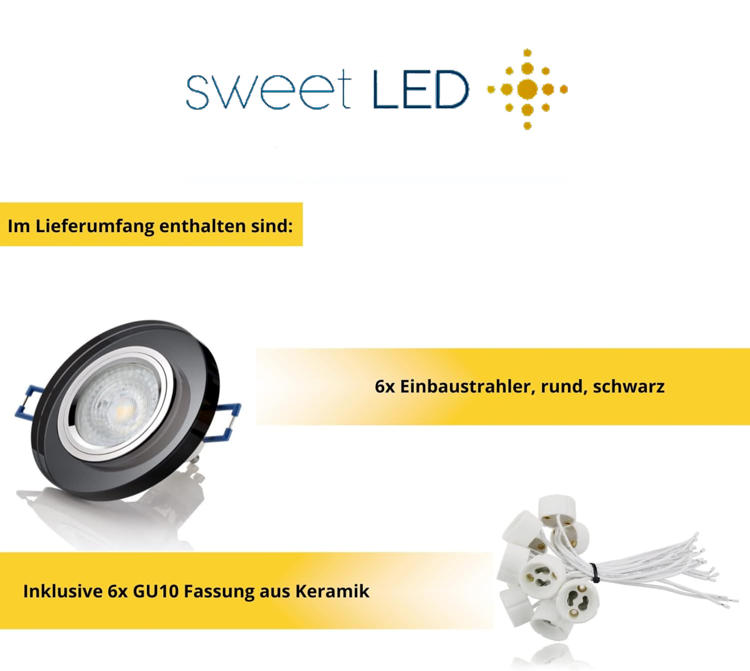 Sweet Led Einbaustrahler Glas 230V – 7W LED Spots, 530 Lm Warmweiß – GU10 Deckenspots, runde Einbauspots 68 mm, Schwarz – 3000K Deckenstrahler 6er Set