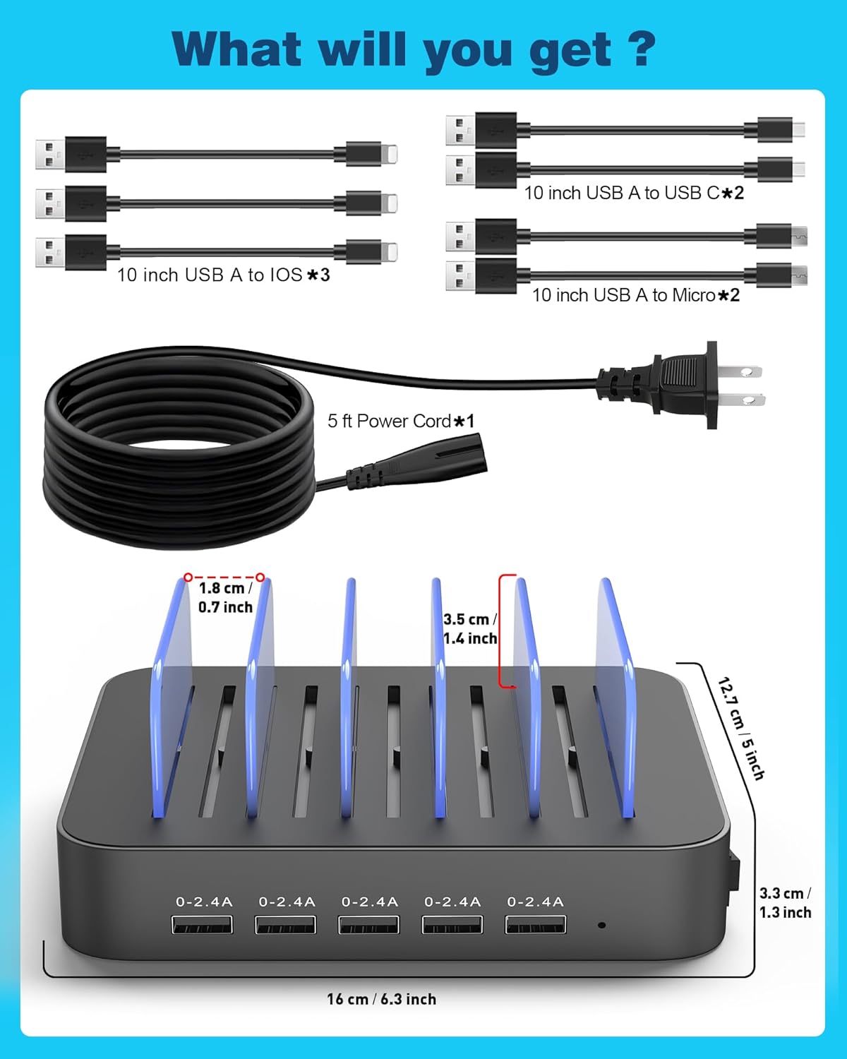 MSTJRY Charging Station for Multiple Devices : 5 Port Multi USB-A Charger Stations Multi-Device Organizer Charging Dock Designed for iPhone iPad Cell Phone Tablets (7 Short Cables Included), Gray