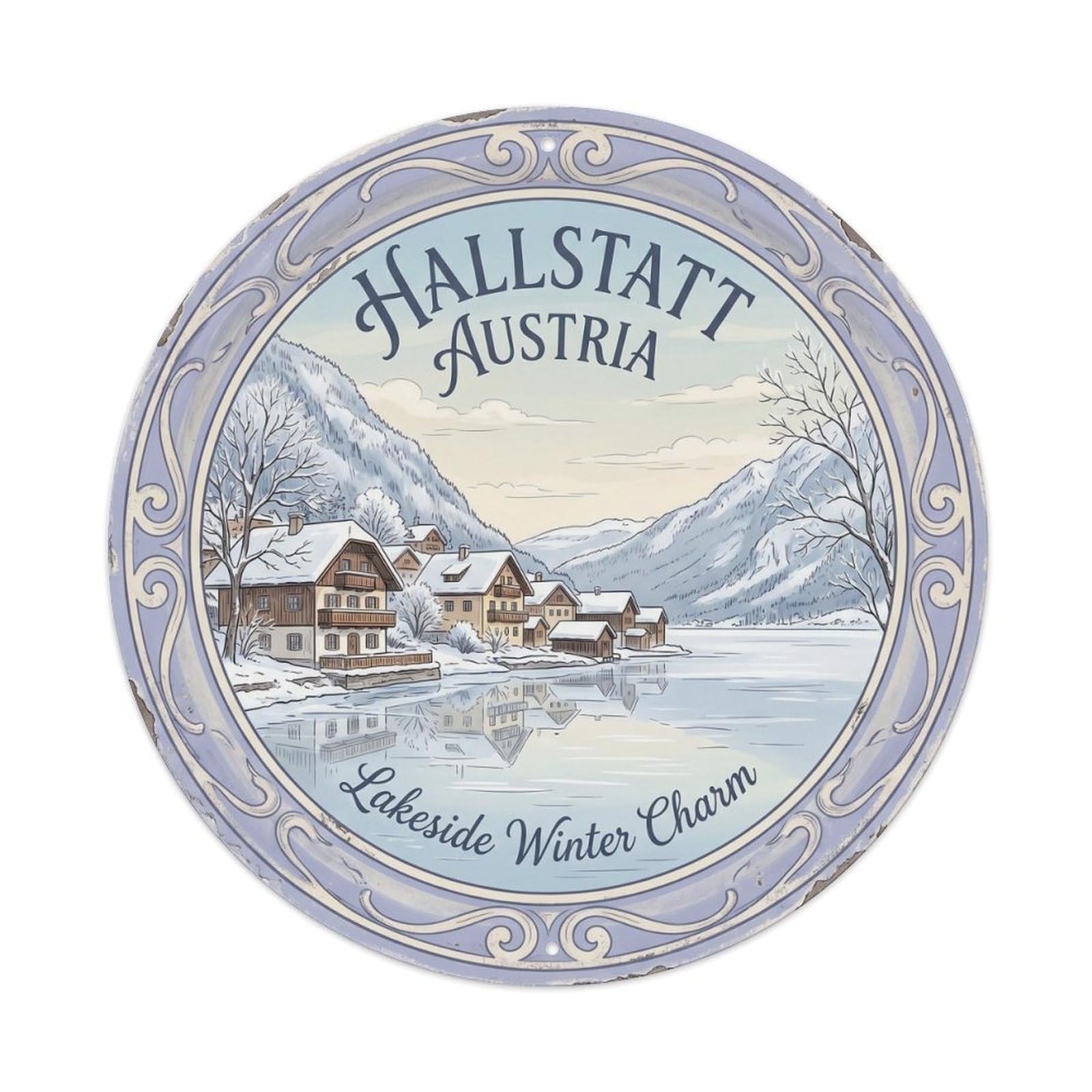 Vintage Travel Hallstatt Austria Snowy Metal Tin Sign Plaque Wall Decor for Cafe, Club, Garden Round Metal Poster 8x8Inch