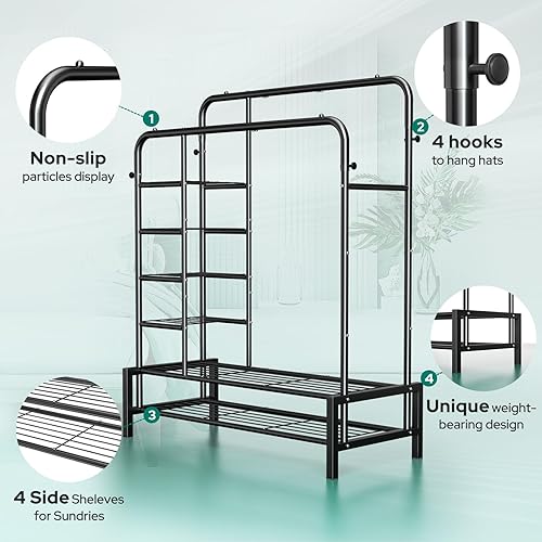 Vista 4 de Perchero de ropa de doble barra con 2 estantes inferiores y 4 estantes laterales, perchero de metal para colgar ropa, perchero resistente