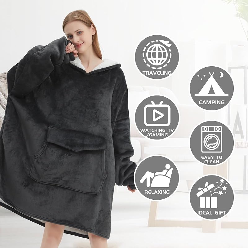 Mewkou Wearable Blanket Hoodie for Adult,Oversized Sherpa Fleece Blanket Hoodie for Women Men,Grey image 2