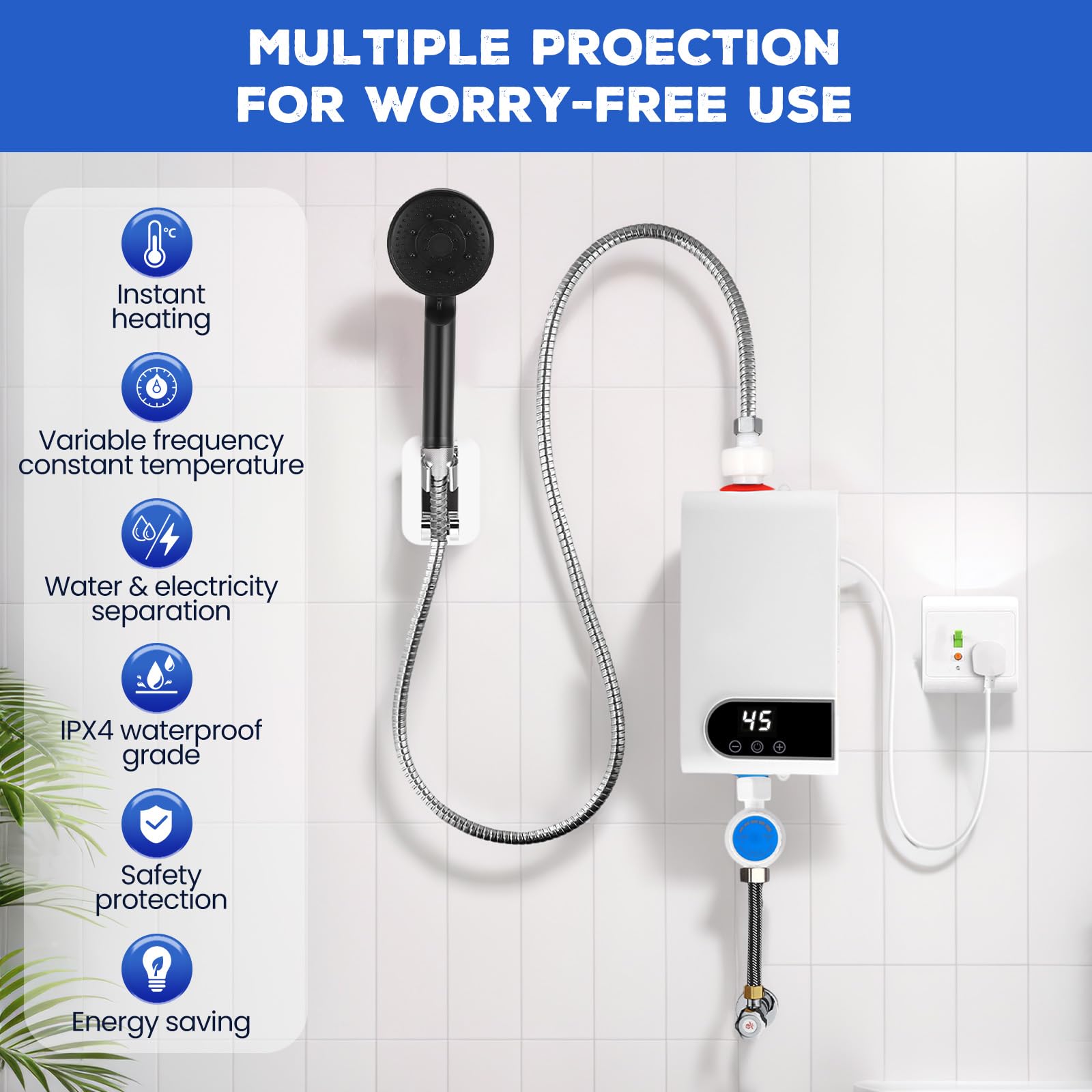 Scaldabagno Elettrico Istantaneo, 220V 5500W Mini Scalda Acqua Elettrico Istantaneo con Display Digitale LCD e Pulsanti a Sfioramento Piccola Cucina, Bagno, Minatura