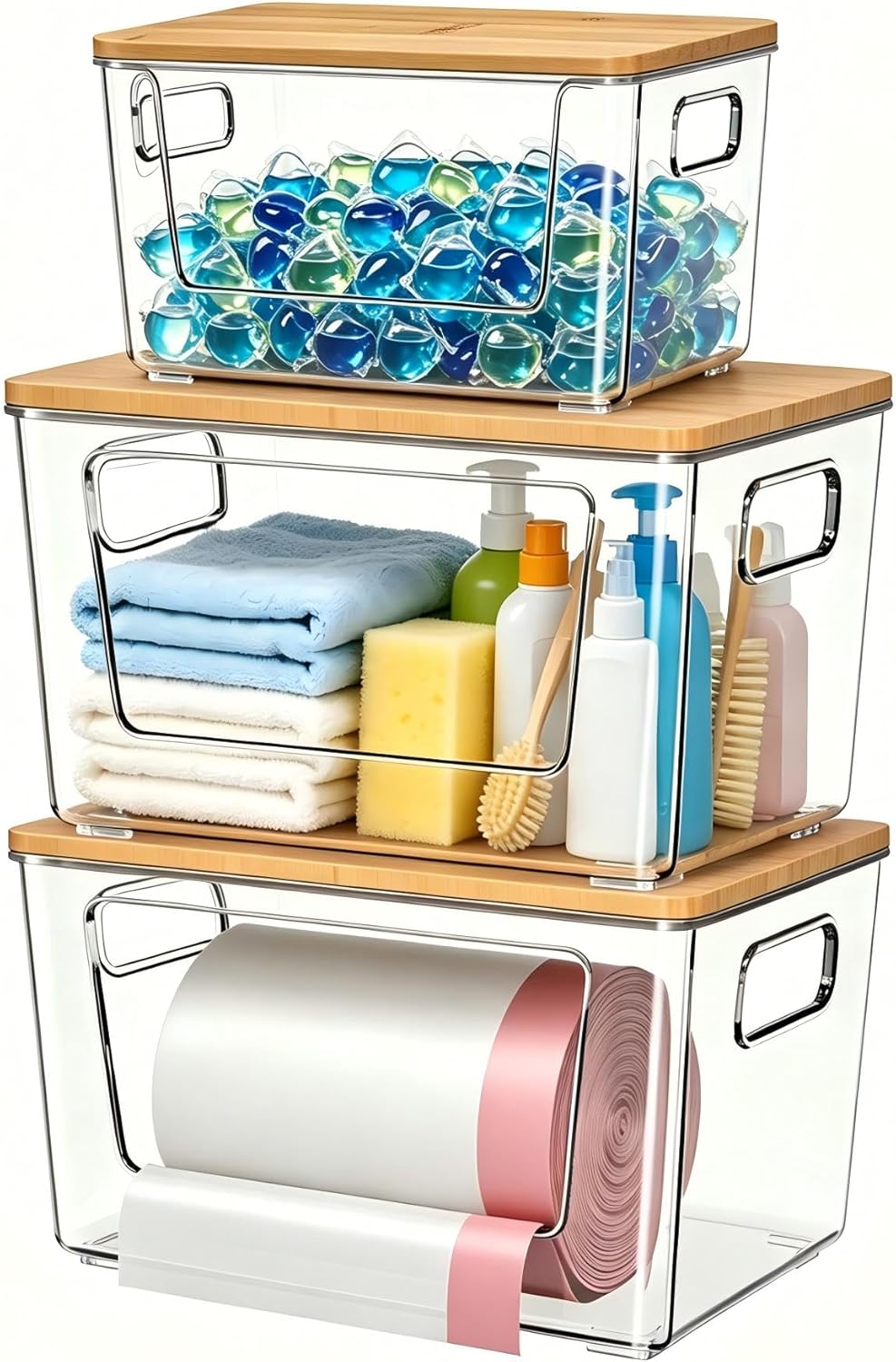 spospo Trash Bag Holder with Bamboo Lid, Stackable Trash Bag Dispenser, Extra Large Storage for Kitchen Laundry Room Under Sink (1Pack)