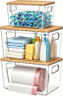 spospo 3 Pack Trash Bag Holder with Bamboo Lid Stackable Trashbag Dispenser