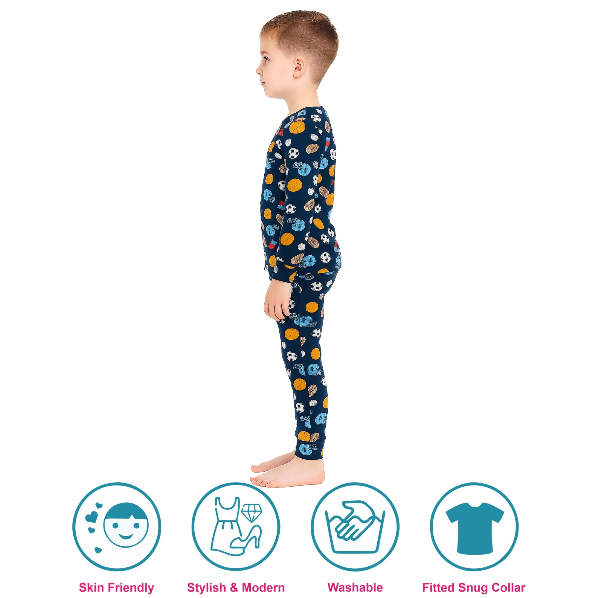 Hestia|H.Nsg.7|Kids Boys Nightwear|Sleepwear|Cotton|Trouser Full Sleeves Pajama Set Tshirt|Elastic Waist|Night Dress With Pyjama Tshirts For Boys|Rugby Football Printed|Blue Color|Set 1,6-8 Years - Image 4 thumbnail
