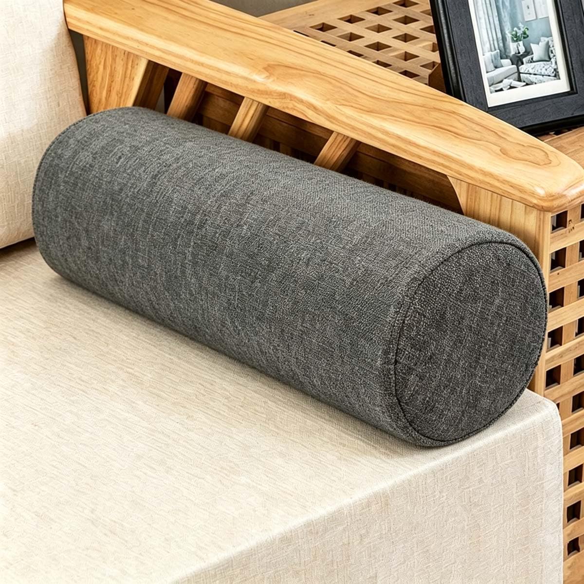 Akuops Round Bolster Cushion, Cuddly Soft Linen Neck Pillow, Knee Roll Cushions, Round Back Lumbar Elbow Support for Armrest at Sofa & Bed, Compact and Lightweight (50x15cm,Dark Gray)