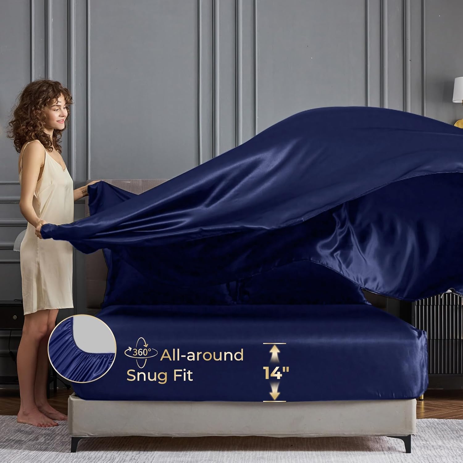 Sasttie Satin Sheets Queen Size - 4 Pieces Luxury Soft Navy Silky Bed Sheets Set with Pillowcases - Smooth Silk-Like Satin Fabric, Reinforced 14 Inches Pocket, Oeko-Tex Certified
