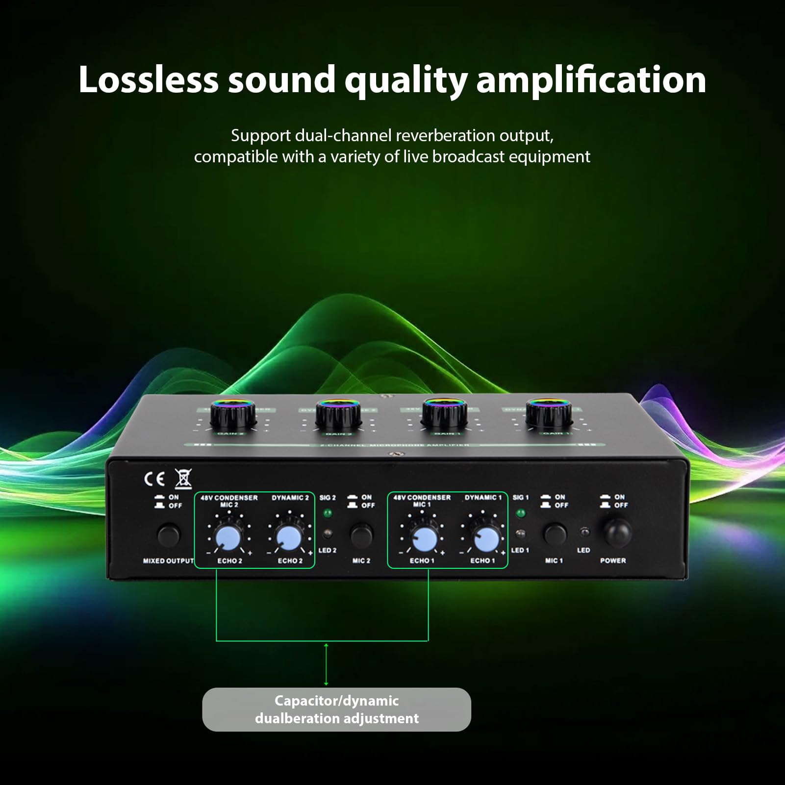 Preamplificador de Micrófono, Amplificador de bajo Ruido de 2 Canales con Alimentación Fantasma de 48 V para Micrófonos de Condensador Dinámicos