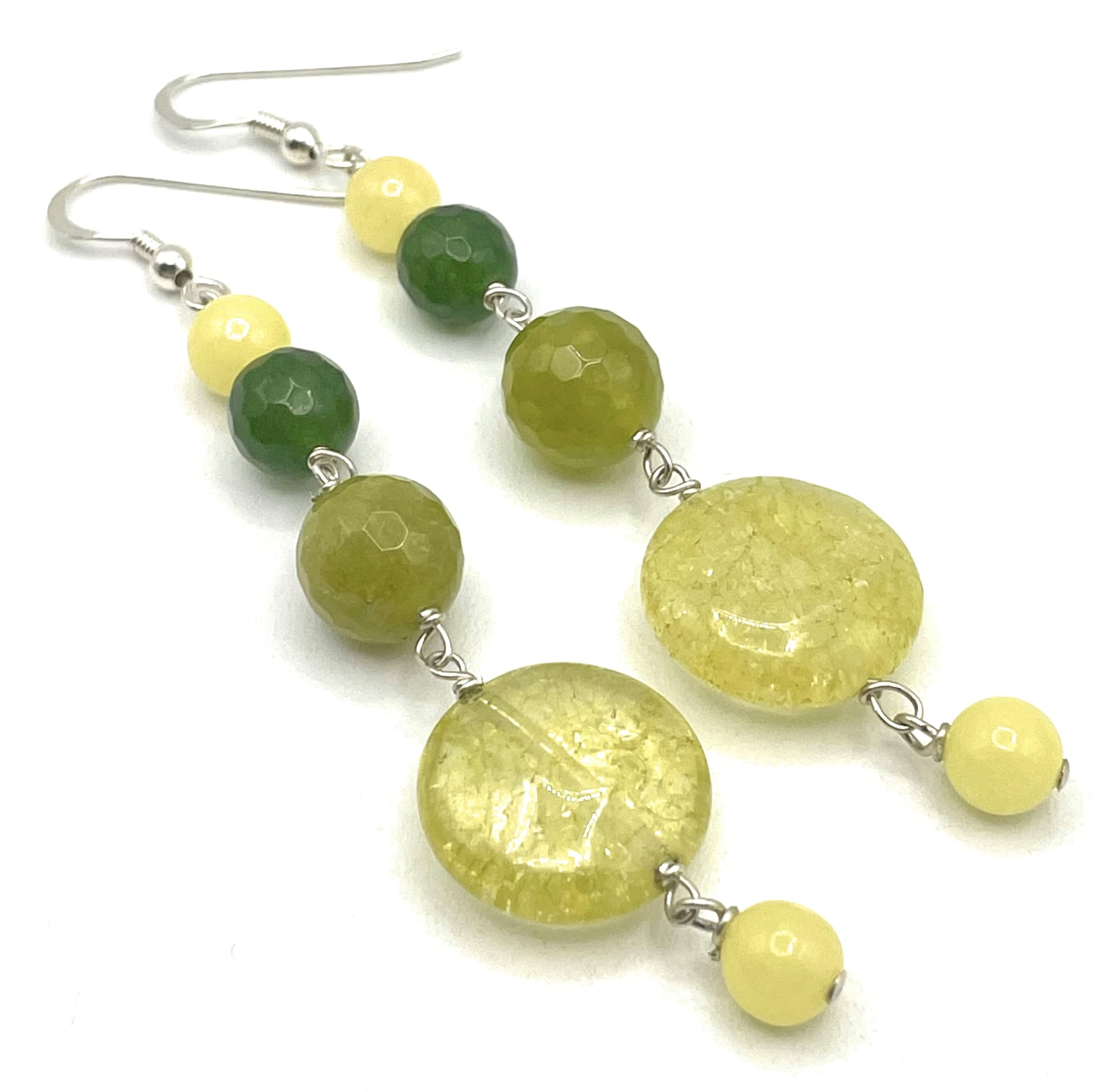 Orecchini Lunghi con Quarzo Giallo e Giada Verde, Pendenti in Argento 925, Gioielli Pietre Dure Naturali, Regalo per Lei, Bijoux Boho