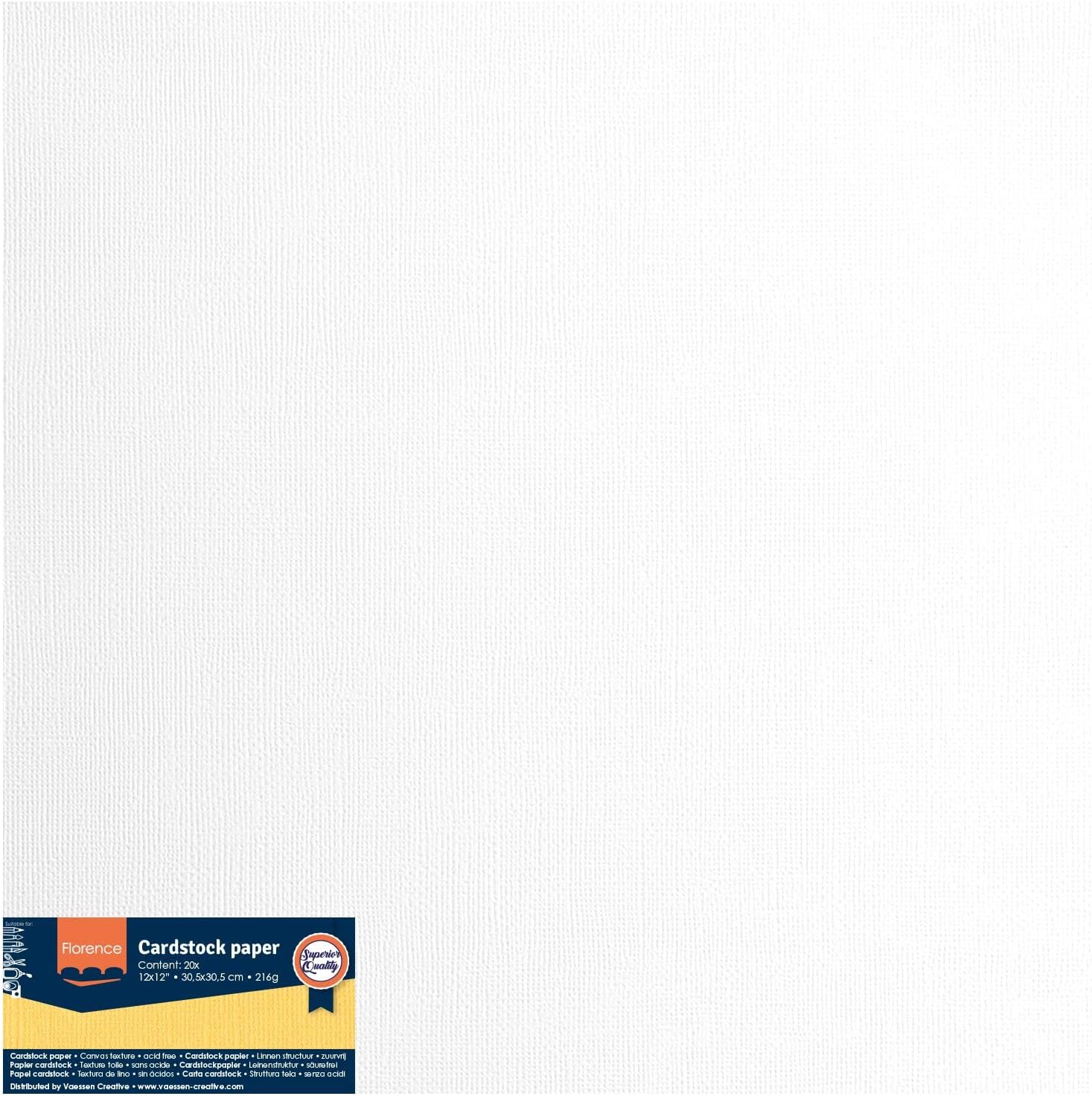 Vaessen Creative Florence Textured Cardstock Paper, White, 216 Grams, 12x12 inches, 20 Sheets, for Scrapbooking, Card Making, Die Cutting and Other Paper Crafts