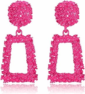 Gold Statement Clip On Earrings for Women, Big Rectangle Geometric Dangle Clip Earrings Fashion Large Gold Silver Hot Pink Drop Earrings for Women Non Pierced